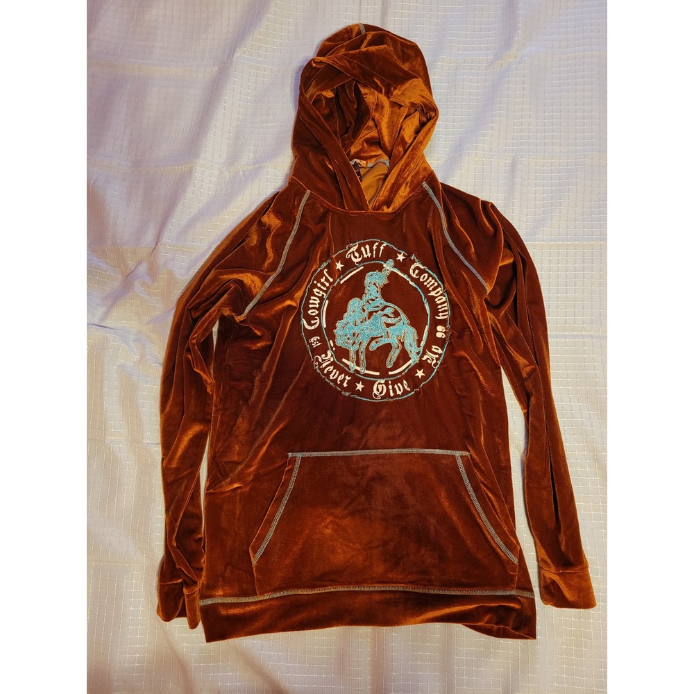 Cowgirl Tuff Co Rust Orange Velour Hoodie Never Give Up Graphic Pullover Large